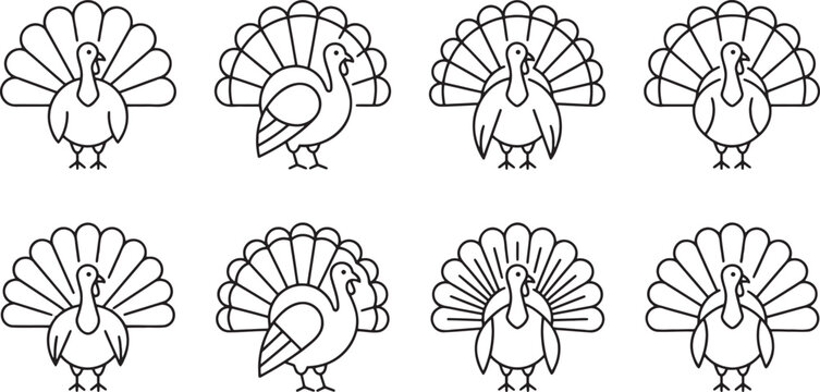 Set of turkeys in various poses for holiday themes