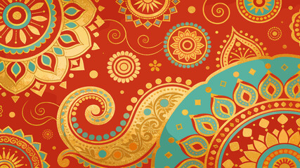 Vibrant red background with intricate gold and teal traditional Indian mandala and paisley patterns, creating a rich cultural decorative design. © Merah