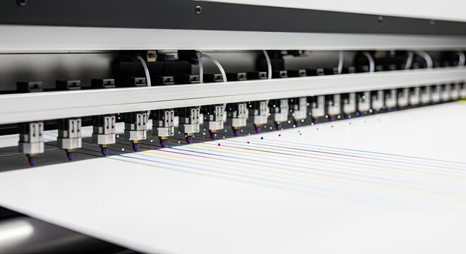A large-format digital printer lays flat, printing a white sheet of media. The printer head is positioned along the top edge, with numerous nozzles spraying ink onto the paper.