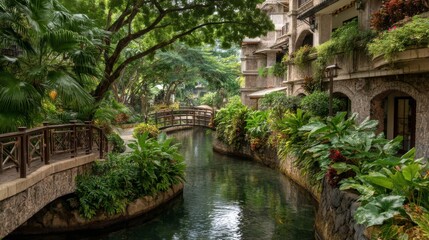 Fototapeta premium Serene Waterway Surrounded by Lush Greenery and Elegant Architecture in a Tropical Garden Setting
