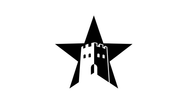 Black fortress tower inside five pointed star logo.