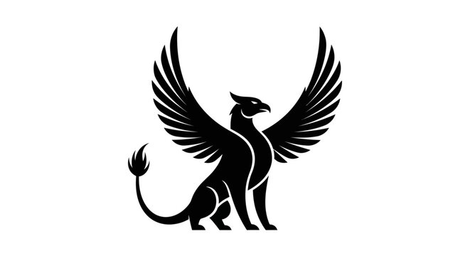 Black griffin silhouette mythical creature logo on white background.