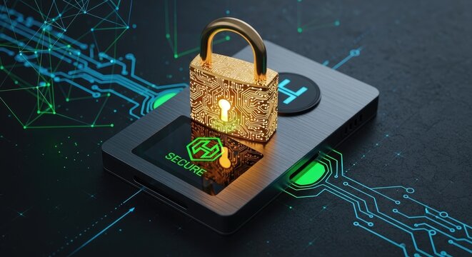 A dark, futuristic image showcases a golden padlock with a circuit board pattern, secured on a sleek, black surface.
