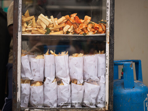 Snack Stall Displays Various Types of Fried Snacks at Colombo Market