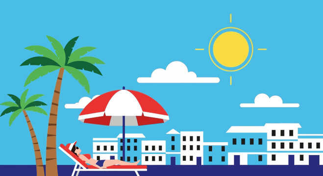 Tropical Beach Vacation: Woman relaxing under umbrella, palm trees, city skyline