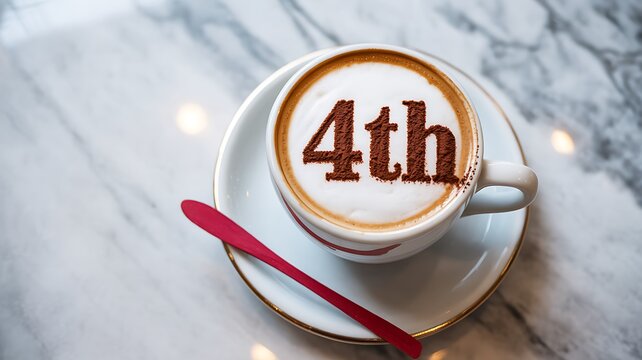 Coffee cup 4th text latte art on marble tabletop