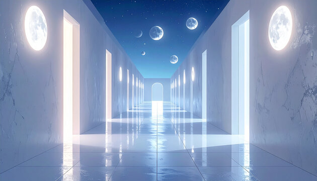 Surreal futuristic hallway with glowing doors and moons