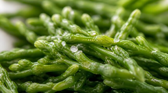 Fresh green samphire sea asparagus close up macro shot.