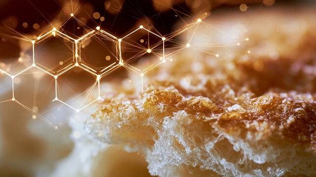 Bread crust macro with Maillard reaction molecule lines for organic chemistry food science baking concept