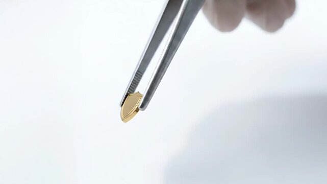 Microchip security technology held with tweezers for financial and health coverage protection using small shield in clean environment