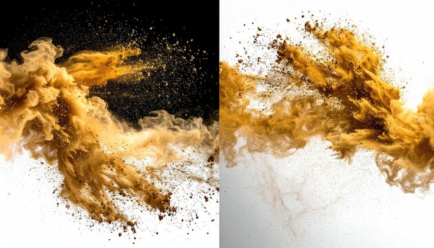 Split panel Brown powder explosion on a black background/white background composition