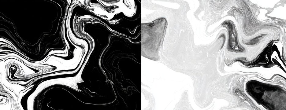 Split screen Black and white fluid swirls blend in a dynamic, flowing composition
