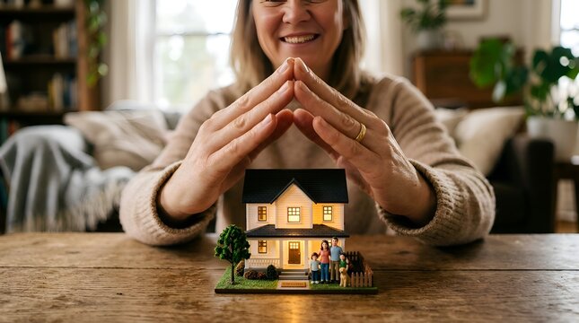 Woman shielding miniature house, protection concept