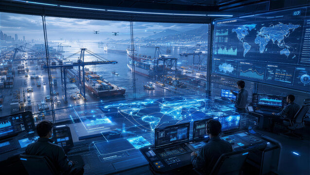 Futuristic Command Center: Overlooking a bustling port, a high-tech command center with holographic displays and data streams hums with activity as analysts monitor global operations.