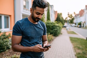 Fototapeta premium A south Asian man in his 30s wearing a blue t-shirt uses his smartphone on a sidewalk