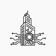 Naklejka premium Smart building vector illustration featuring integrated circuit board technology within modern skyscraper architecture for sustainable urban infrastructure and digital city automation concepts.