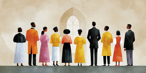 Obraz premium A group of diverse individuals dressed in vibrant colors stand in front of a church archway, facing towards a window, suggesting a moment of collective contemplation or worship