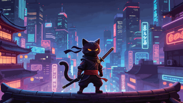 Chibi Black Ninja Cat with Glowing Orange Eyes and Katana Standing on East Asian Rooftop Overlooking Neon Cyberpunk City Blending Traditional and Futuristic Architecture at Night