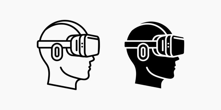 Virtual reality headset icons showing side profile view of person wearing vr goggles depicted in thin line art style versus filled solid black silhouette style isolated on white background set.