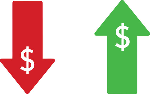 Red down arrow and green up arrow with dollar signs representing financial profit and loss