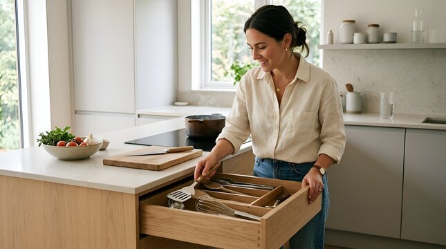 Woman arranging cutlery in modern kitchen drawer