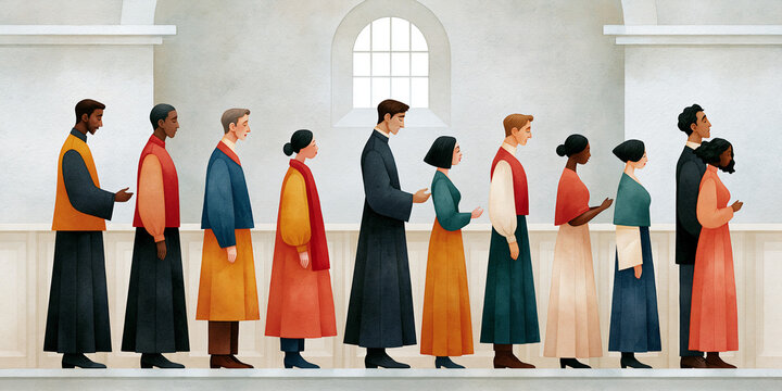 A diverse group of people in traditional robes standing in a line, showcasing unity and shared tradition