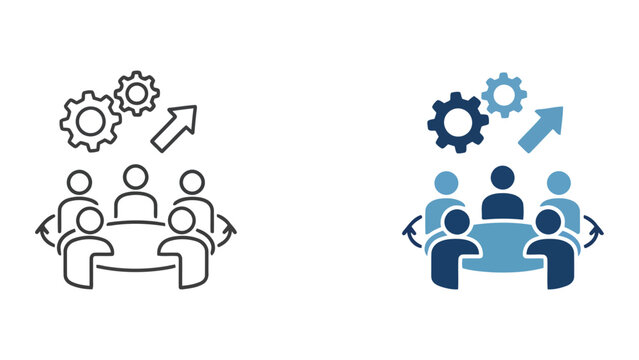 Business team collaborating on strategy with gear icons and circular flow chart vector illustration set for management concepts