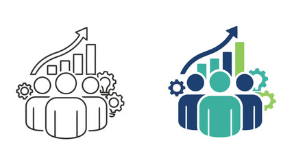 Obraz premium Team members with growth bar chart and gears icon representing business development and process optimization in a professional corporate setting