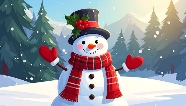 Cheerful cartoon snowman with hat and scarf in a snowy winter landscape with tall pine trees and mountains