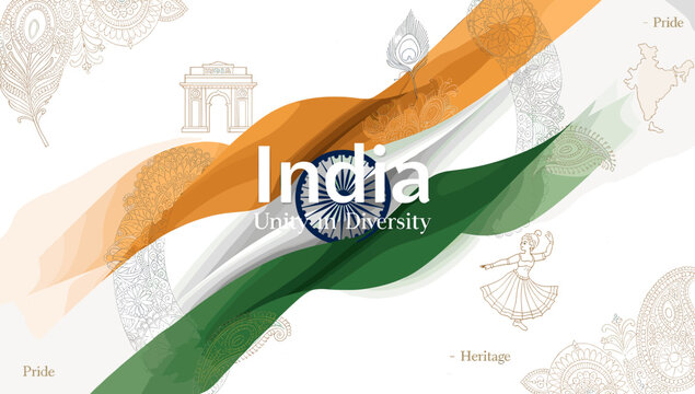Stylized Indian flag with cultural motifs and text 'India Unity in Diversity' representing national pride and heritage.