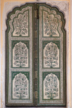 Hand painted floral door in historic Indian architecture