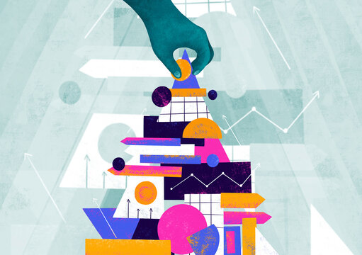 Building a colorful structure with geometric shapes
