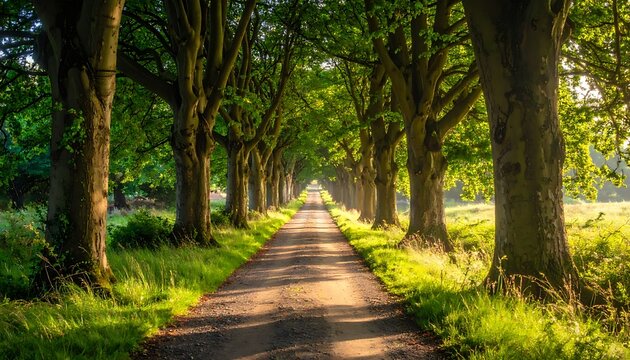 Serene tree lined pathway in forest.
