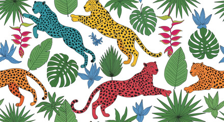 Colorful leopards, tropical leaves, and flowers on white background, cheetahs jungle © My creativity
