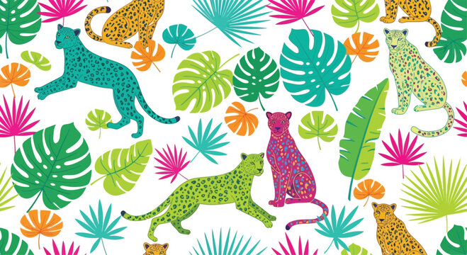 Colorful cheetahs and tropical leaves pattern, white background