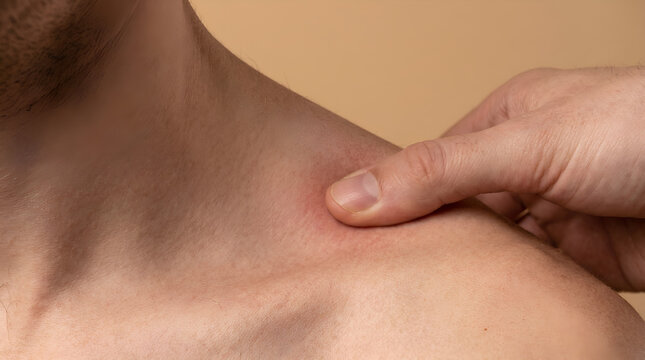 Physiotherapist pressing thumb on man tense shoulder muscle for physical therapy examination