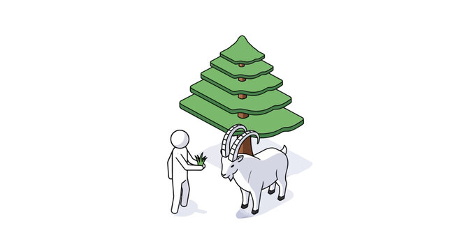Whimsical illustration of boy feeding a stylized goat tree.
