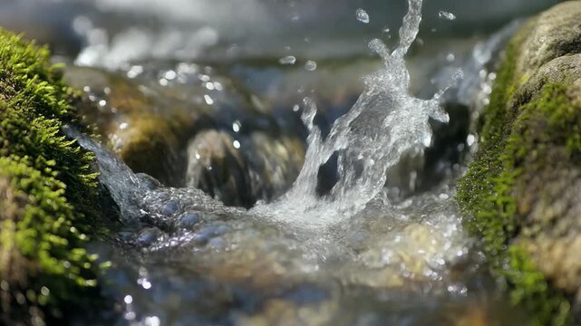 Close-up of Clear Mountain Stream Splashing over Mossy Rocks 4K Generative AI