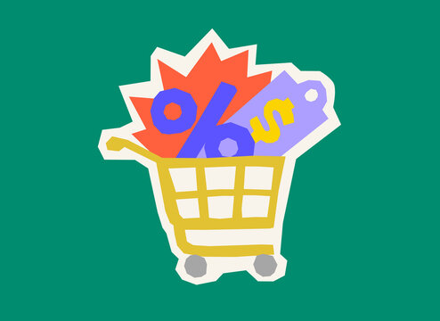 Shopping cart with discount percent sale concept illustration