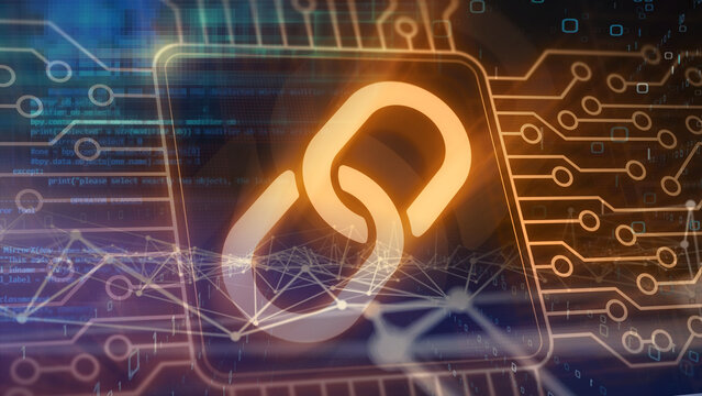Futuristic Blockchain Technology Concept Featuring a Glowing Orange Chain Link Icon on a Digital Microchip Integrated Circuit Board Overlay with Python Programming Code and Abstract Geometric Data 