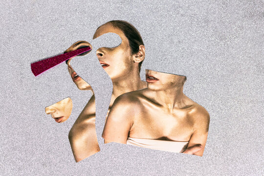 Art Collage Showing Multiple Faces and Body Parts on Shiny Background