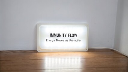 Illuminated Sign for Immunity Flow Concept Promoting Wellness and Protection Through Energy Movement in a Calm Environment on Wooden Floor