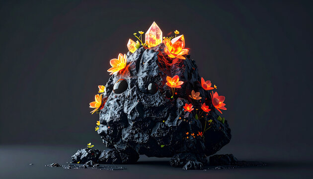 Glowing crystals on a rock with flowers