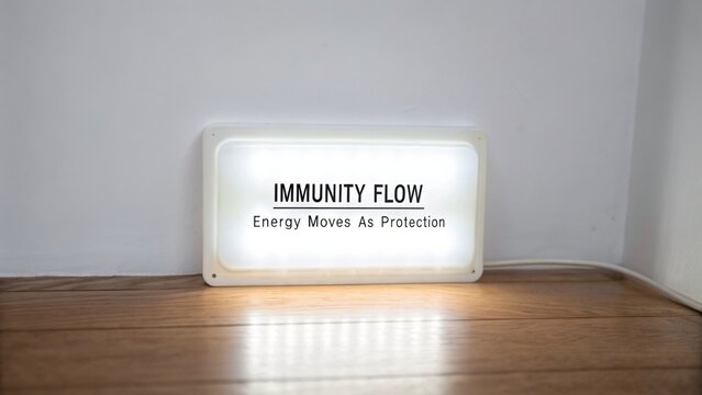 Illuminated Sign for Immunity Flow Concept Promoting Wellness and Protection Through Energy Movement in a Calm Environment on Wooden Floor
