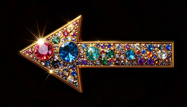 Jewelry arrow brooch with colorful gemstones and gold frame isolated