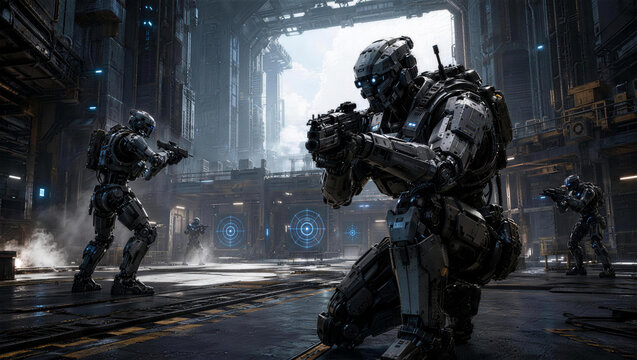 Futuristic Soldiers in Combat: A squad of heavily armored futuristic soldiers advances through a gritty, industrial urban environment, engaging in intense combat.
