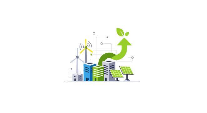 Renewable Energy Growth in Urban Environment with Green Arrow and Leaves