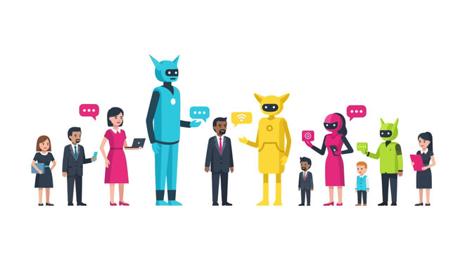 Robots and people communicating and interacting together, AI technology