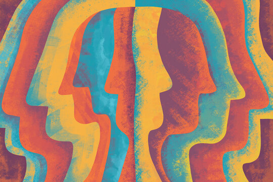 Artwork showing multiple human faces in different colors