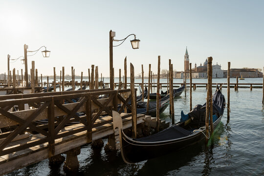 Gondolas at Dawn Near St. Mark&rsquo;s Square in Venice